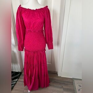 Alexis Thalssa Blouson-Sleeve Smocked Long Dress, Fuchsia Dot, Women's, Size M